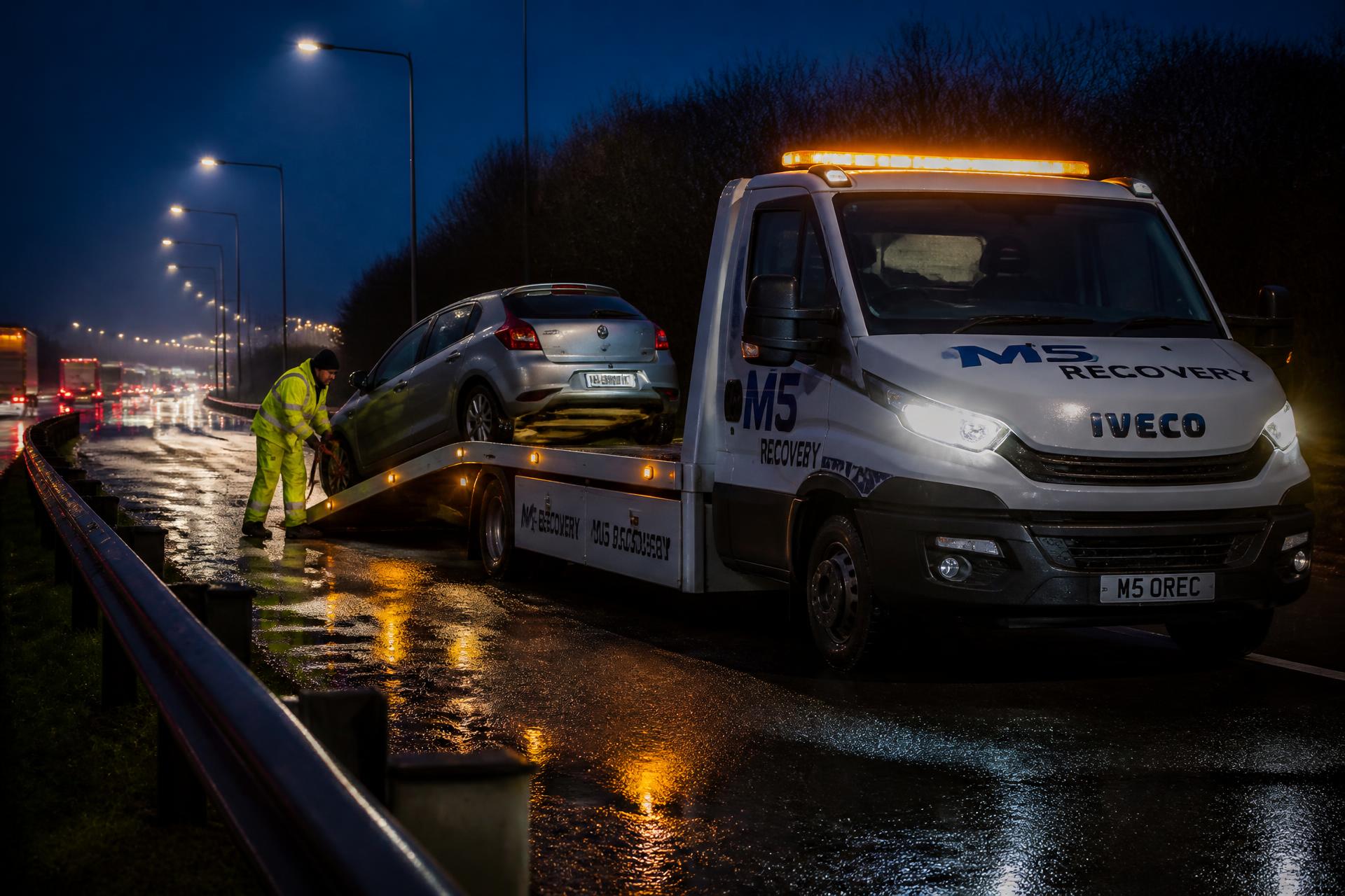 Recovery truck safely loading a stranded car on a UK motorway at night